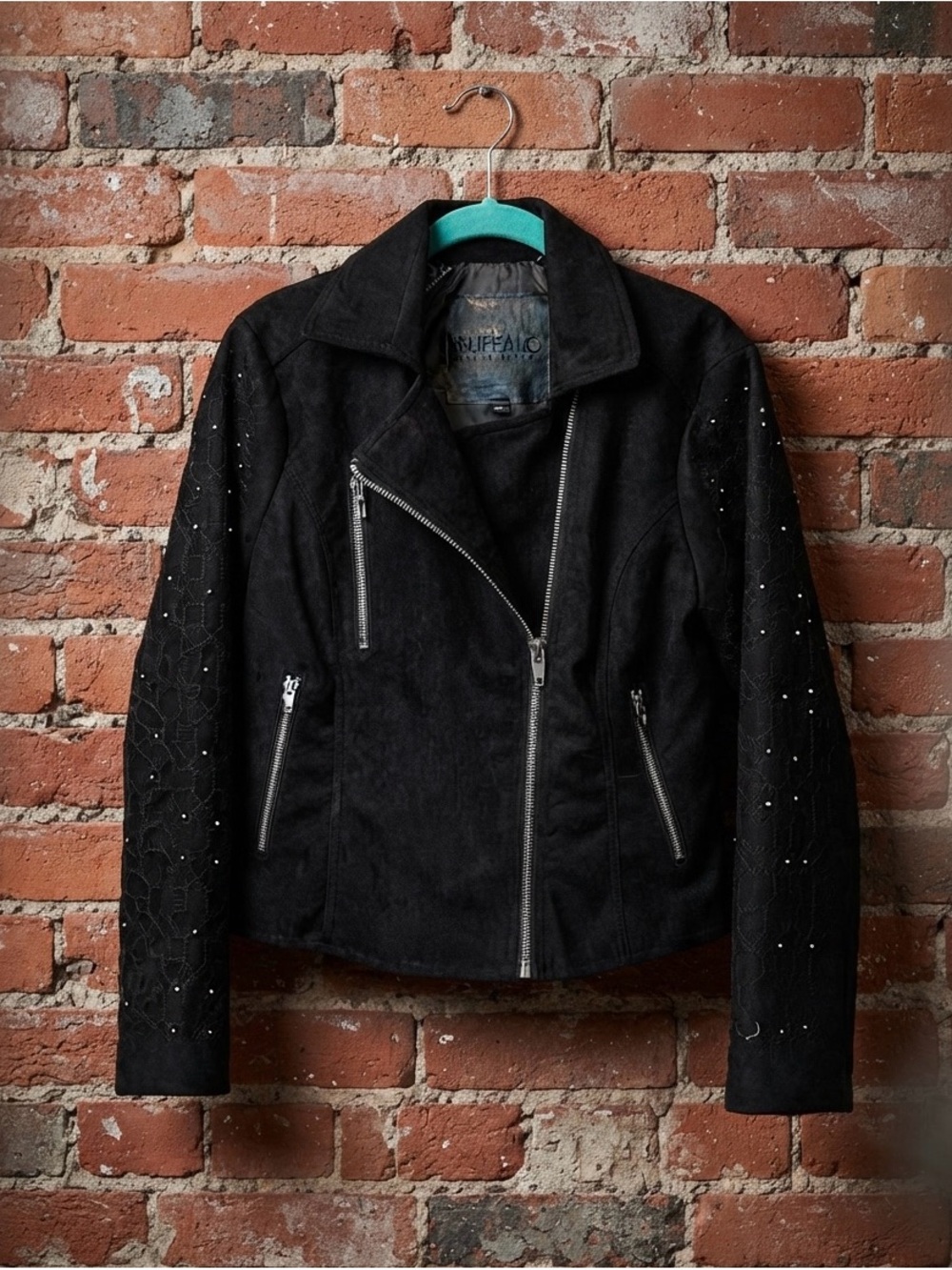 NWT Buffalo David Bitton Black Studded Suede Moto Jacket